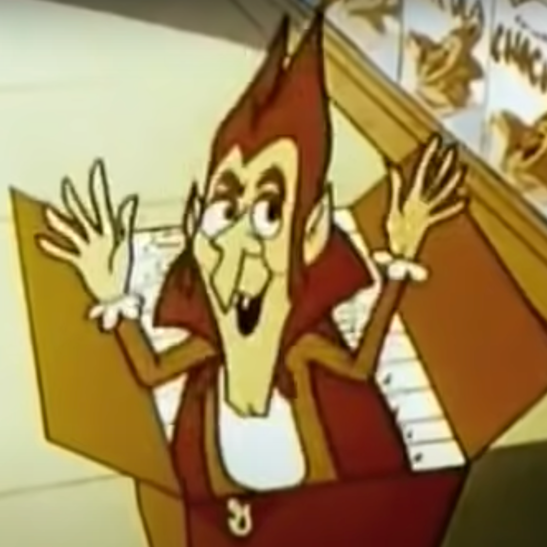 Still of Count Chocula popping out of a box from 1970s commercial